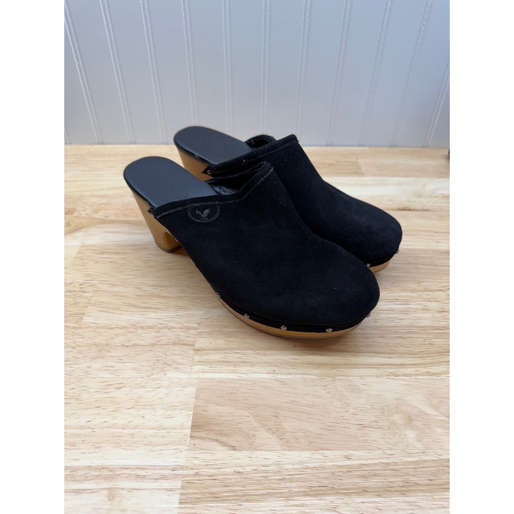 American Eagle Black Suede Wooden Studded Clogs Mules Block Heel 9 Boho Chic Y2K